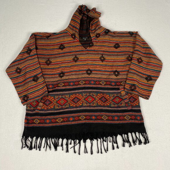 Yak & Yeti Nepal Knit Native Diamond Striped Sunrise Poncho Hoodie Sweater - Picture 1 of 12